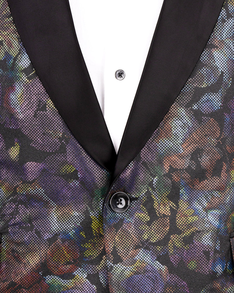 Onyx Black With Multicolour Retro Floral Designer Tuxedo Blazer