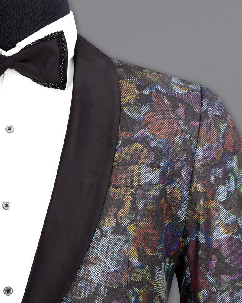 Onyx Black With Multicolour Retro Floral Designer Tuxedo Blazer