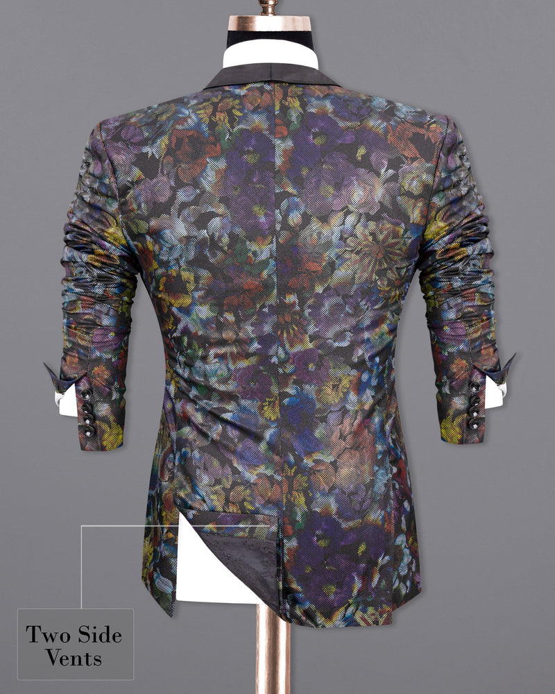 Onyx Black With Multicolour Retro Floral Designer Tuxedo Blazer