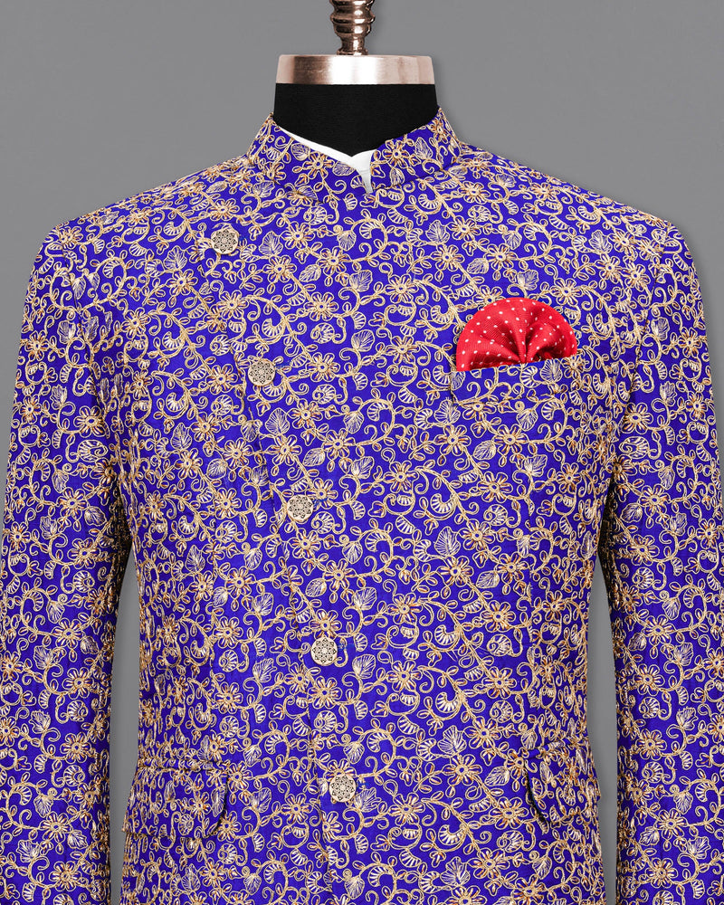 Sapphire Blue and Fawn Embroidery Cross-Buttoned Bandhgala Designer Blazer