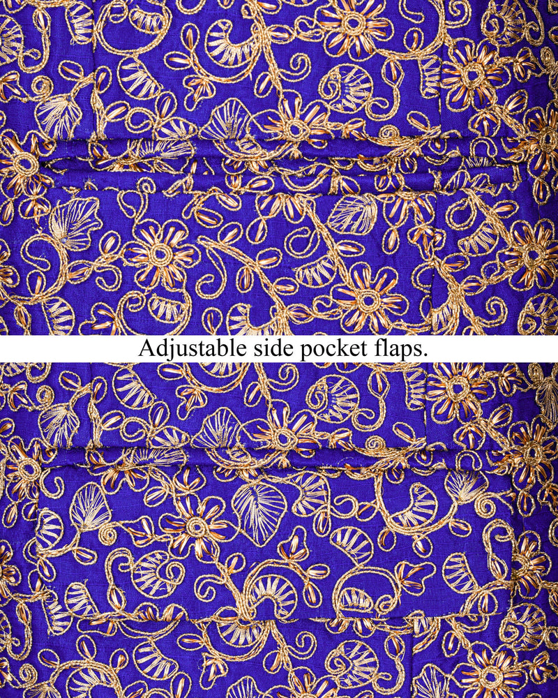 Sapphire Blue and Fawn Embroidery Cross-Buttoned Bandhgala Designer Blazer