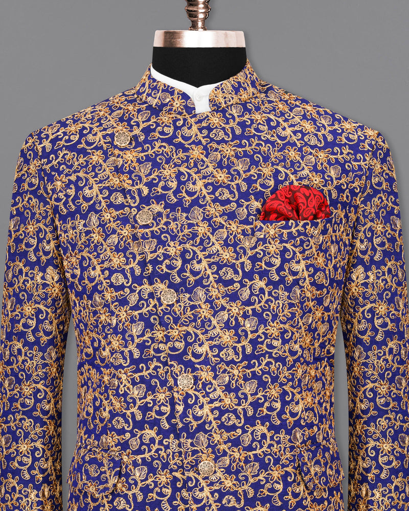 Meteorite Blue and Fawn Cross-Button Bandhgala Designer Blazer