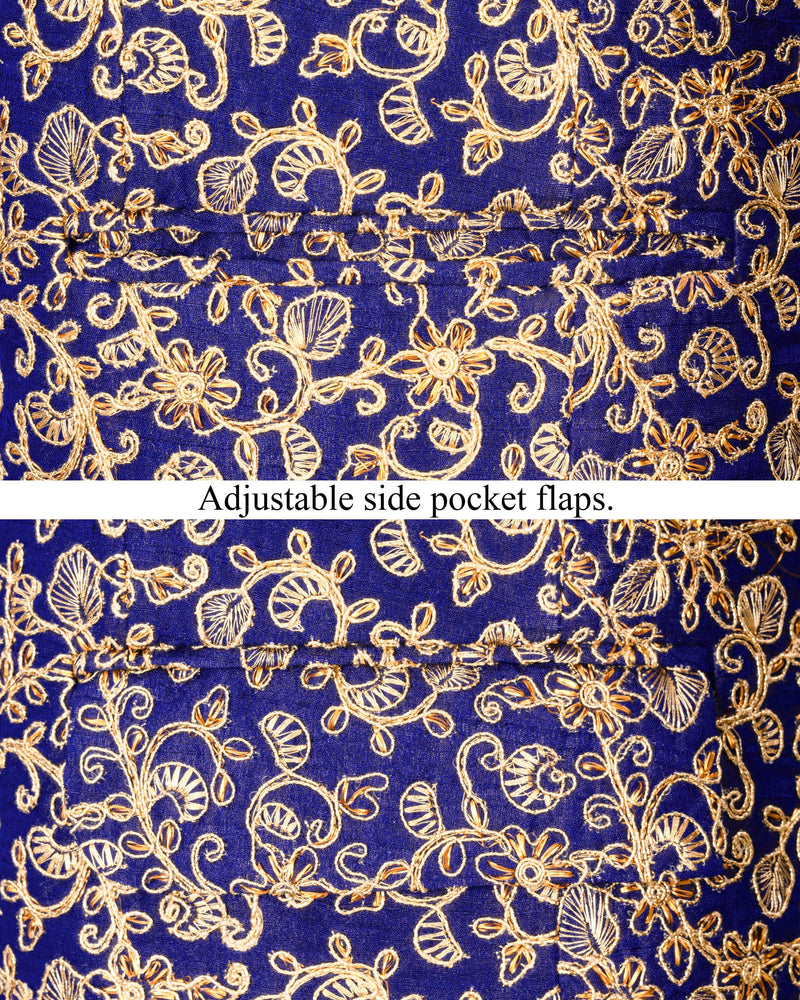 Meteorite Blue and Fawn Cross-Button Bandhgala Designer Blazer