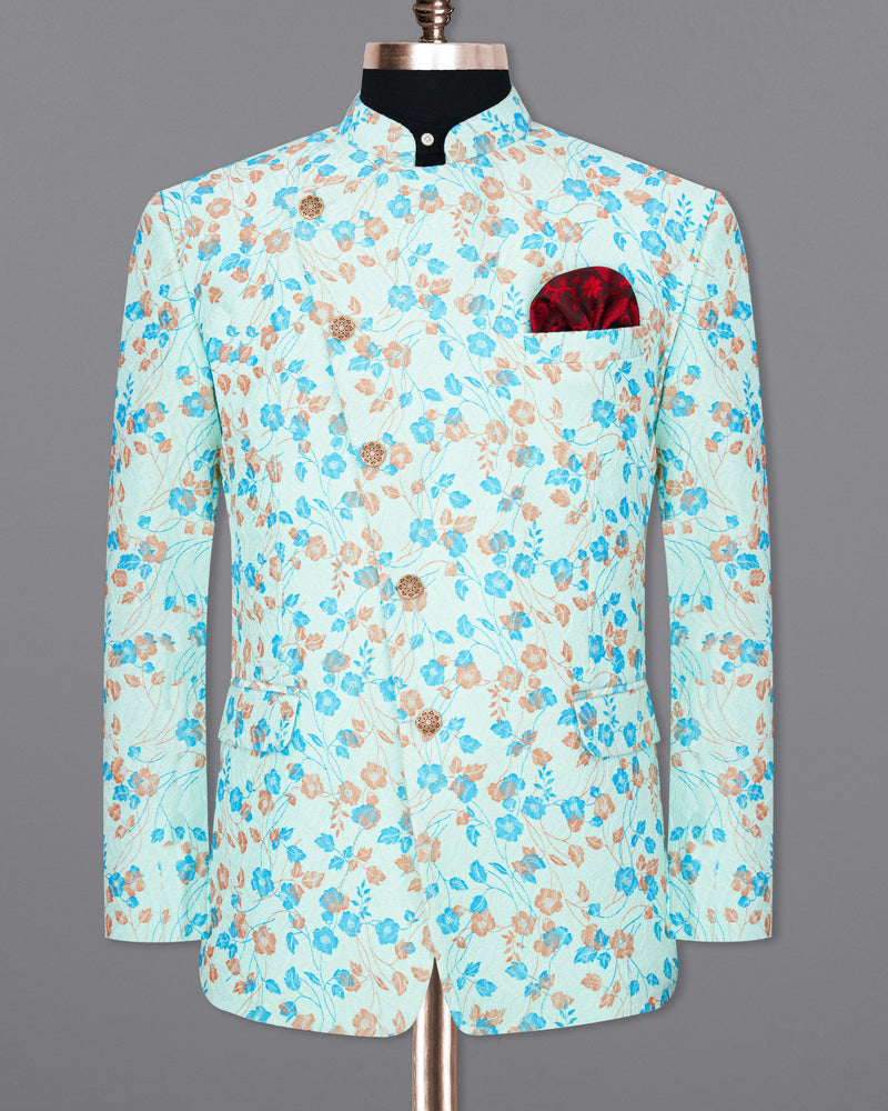 Mint Tulip and Tiffany Blue Floral Printed Cross-Button Bandhgala Designer Blazer