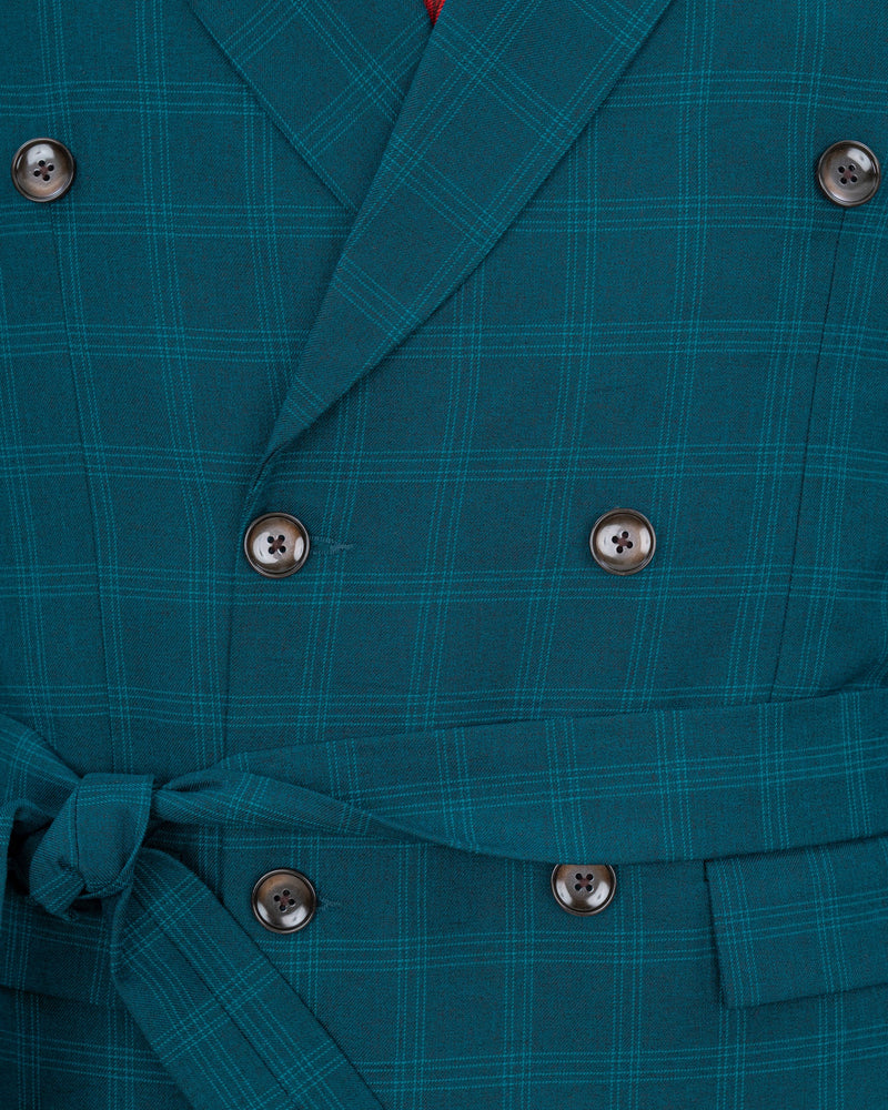 Dark Teal Plaid Double Breasted Strapped Blazer BL1845-DB-D8-36, BL1845-DB-D8-38, BL1845-DB-D8-40, BL1845-DB-D8-42, BL1845-DB-D8-44, BL1845-DB-D8-46, BL1845-DB-D8-48, BL1845-DB-D8-50, BL1845-DB-D8-52, BL1845-DB-D8-54, BL1845-DB-D8-56, BL1845-DB-D8-58, BL1845-DB-D8-60