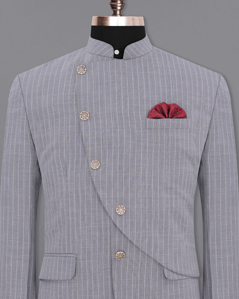 Mobster Grey Striped Cross Buttoned Bandhgala Designer Blazers