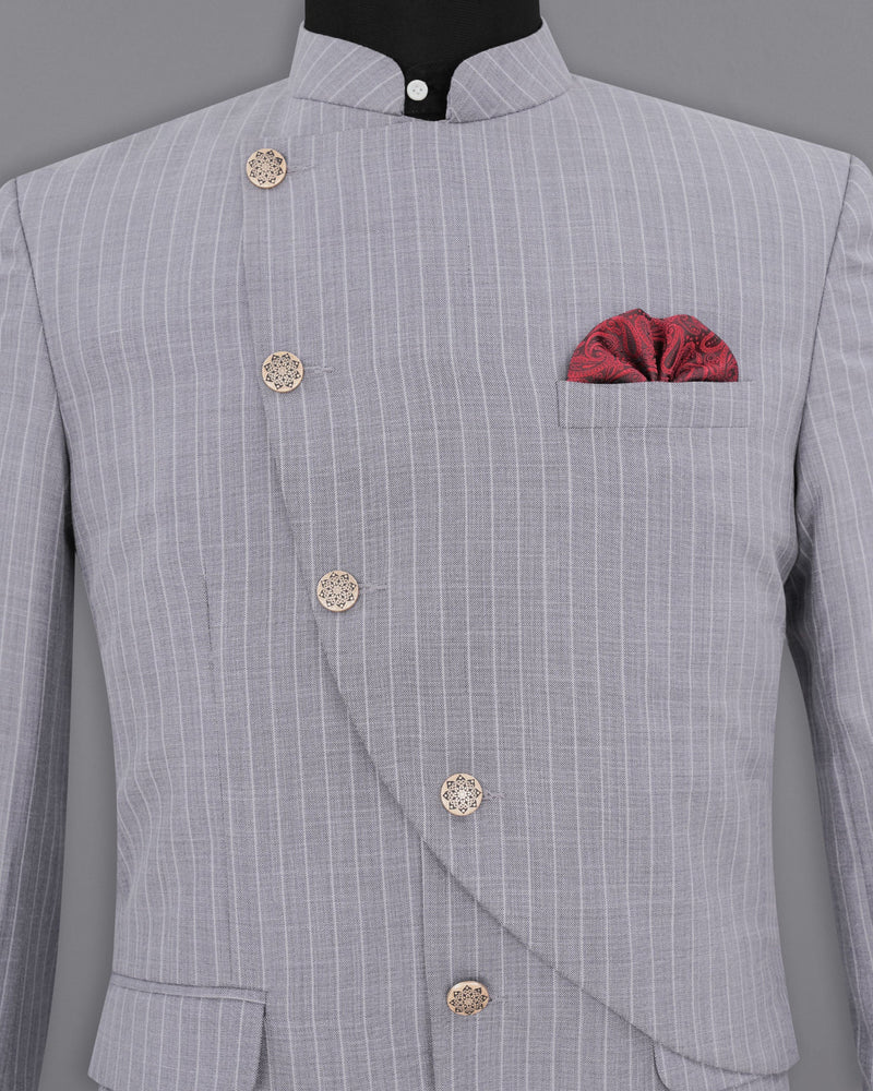 Mobster Grey Striped Cross Buttoned Bandhgala Designer Blazers