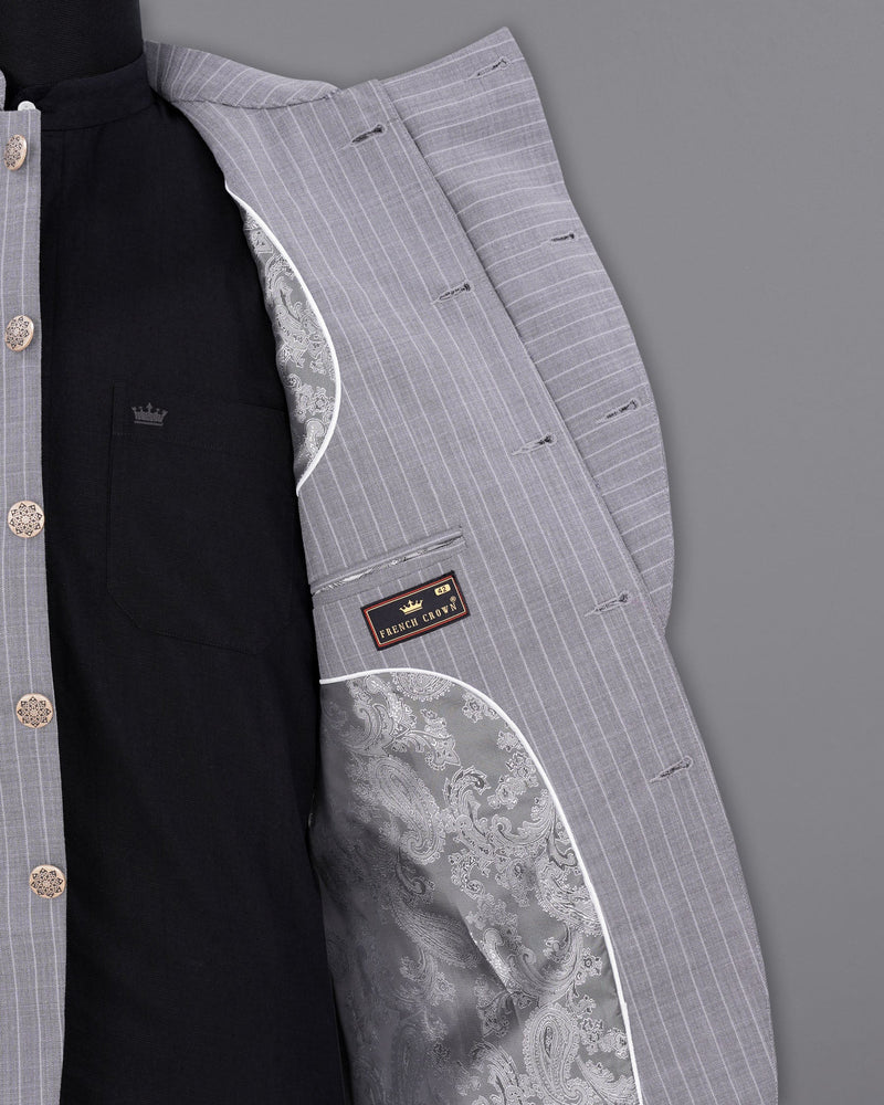 Mobster Grey Striped Cross Buttoned Bandhgala Designer Blazers