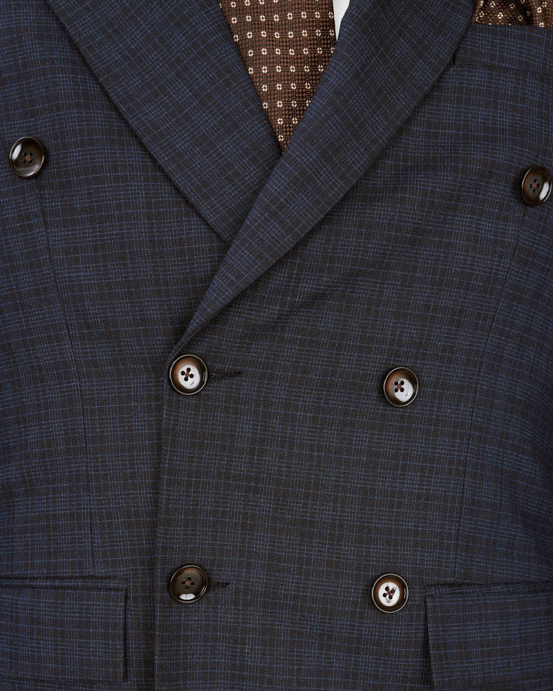 Ebony Clay Gray and Metallic Blue Plaid Double-Breasted Blazer