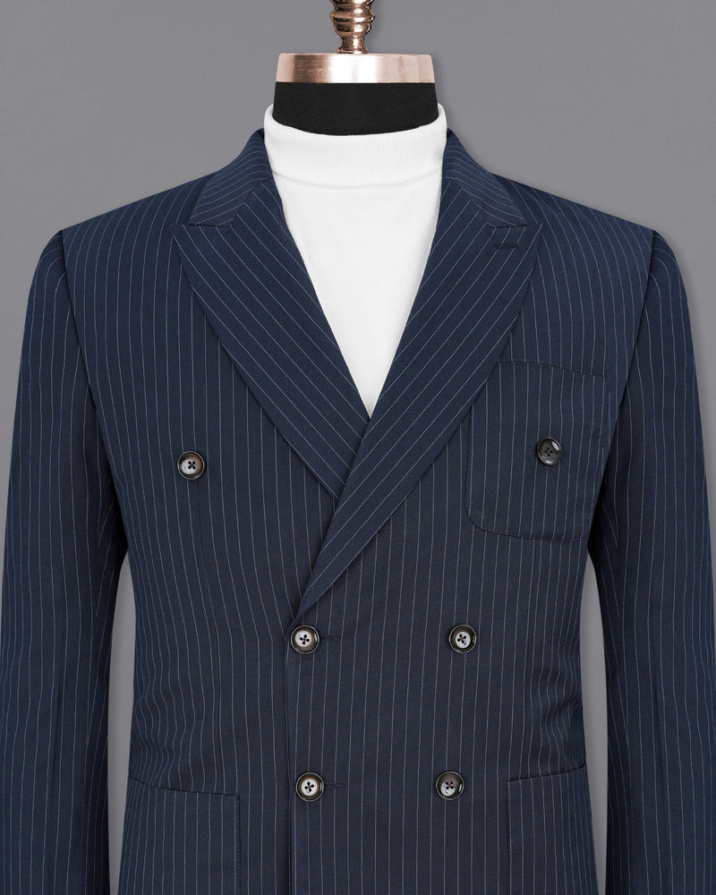 Midnight Mirage Navy Blue Striped Double-Breasted Blazer