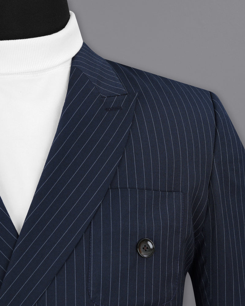 Midnight Mirage Navy Blue Striped Double-Breasted Blazer