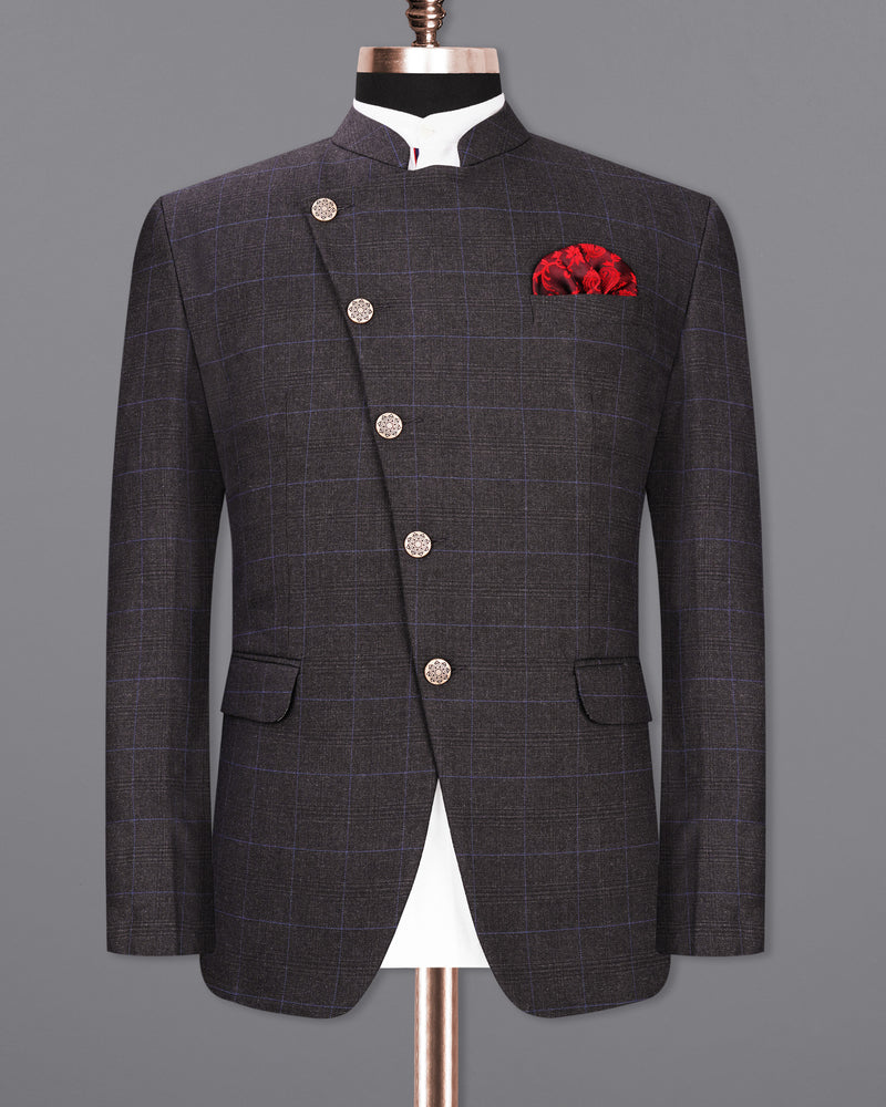 Eclipse Gray Windowpane Cross Buttoned Bandhgala Blazer