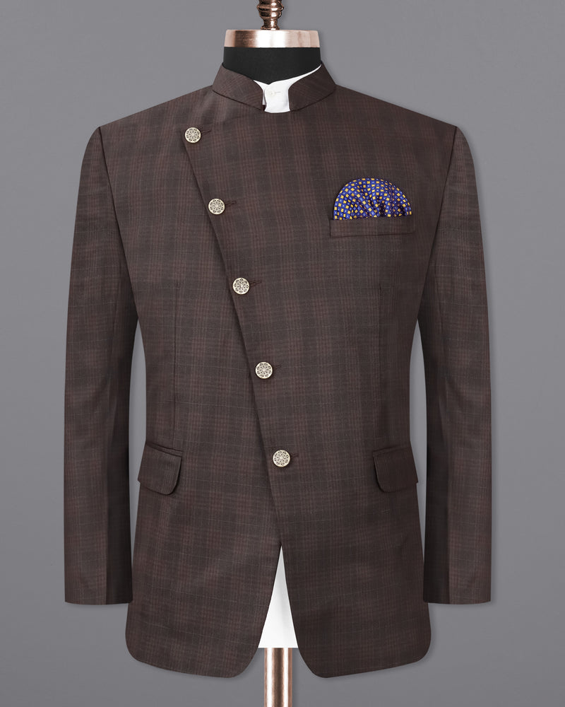 Birch Brown Plaid Cross Buttoned Bandhgala Blazer