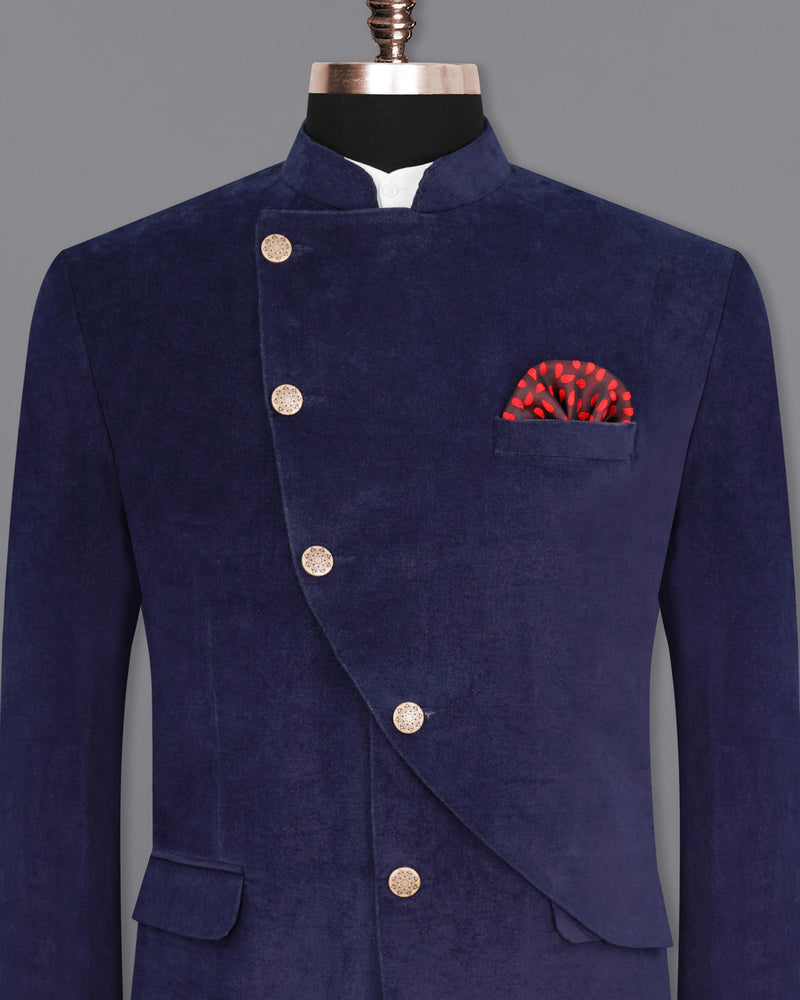 Tolopea Navy Blue Cross Buttoned Bandhgala Corduroy Premium Cotton Designer Blazer