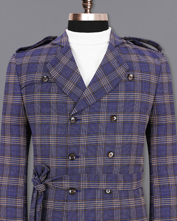 Meteorite Navy Blue with Tide Brown Plaid Double Breasted Designer Blazer