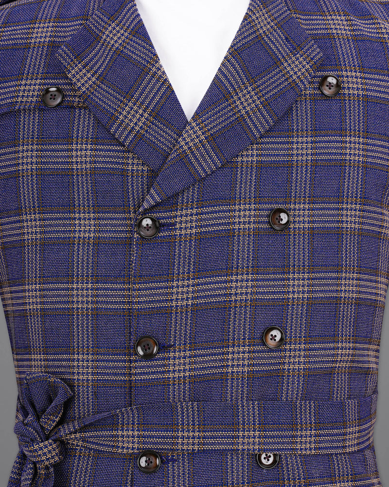 Meteorite Navy Blue with Tide Brown Plaid Double Breasted Designer Blazer