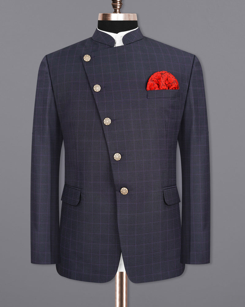 Gravel Gray Windowpane Cross-Buttoned Bandhgala Blazer