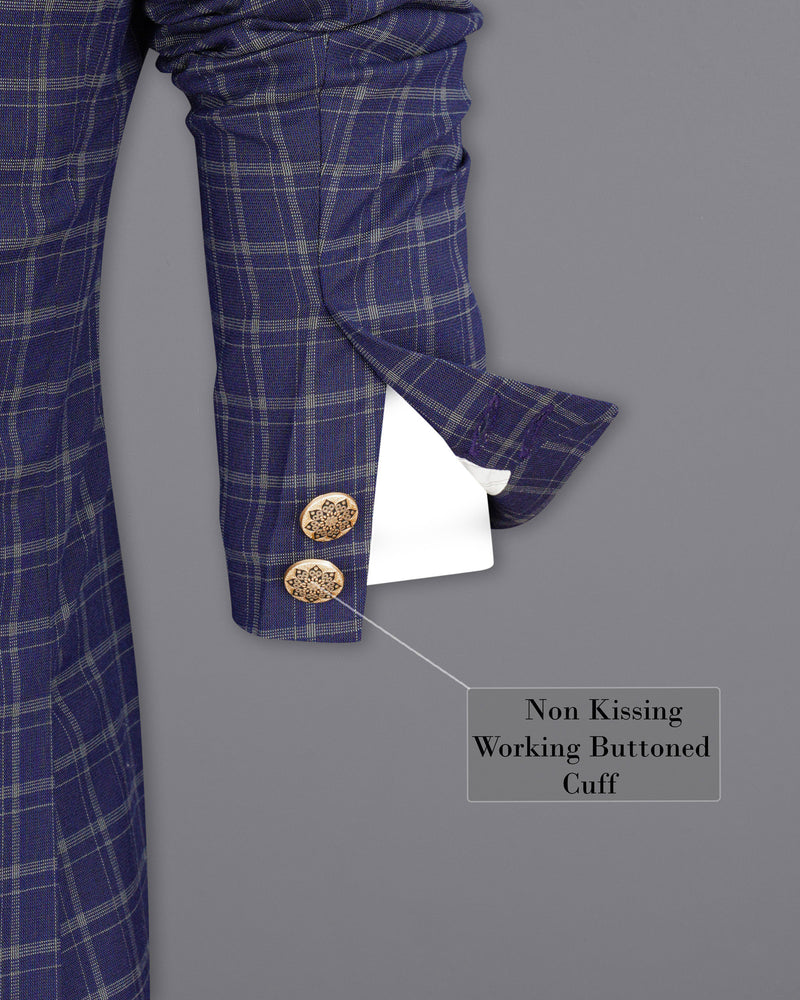 Mulled Wine Blue With Casper Gray Checkered Cross-Buttoned Bandhgala Blazer