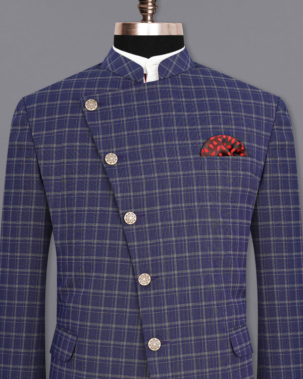 Mulled Wine Blue With Casper Gray Checkered Cross-Buttoned Bandhgala Blazer