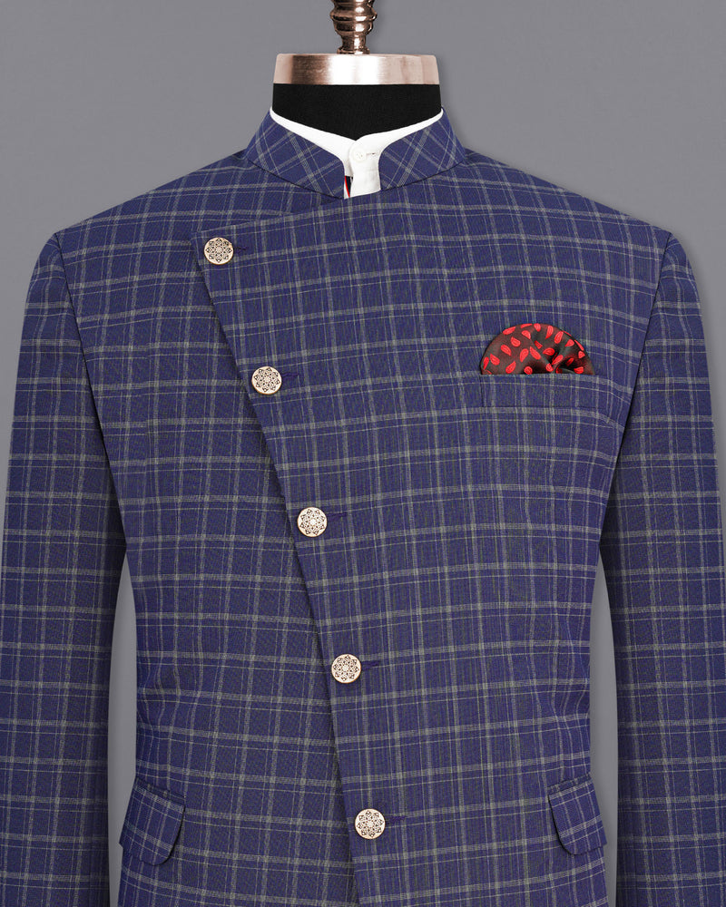 Mulled Wine Blue With Casper Gray Checkered Cross-Buttoned Bandhgala Blazer