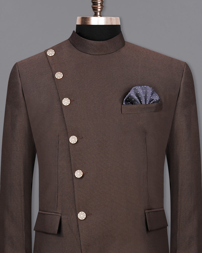 English Walnut Brown Cross Buttoned Bandhgala Blazer