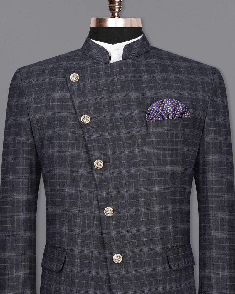 Iridium Dark Gray With Mobster Gray Plaid Cross Buttoned Bandhgala Blazer BL2004-CBG-36, BL2004-CBG-38, BL2004-CBG-40, BL2004-CBG-42, BL2004-CBG-44, BL2004-CBG-46, BL2004-CBG-48, BL2004-CBG-50, BL2004-CBG-52, BL2004-CBG-54, BL2004-CBG-56, BL2004-CBG-58, BL2004-CBG-60