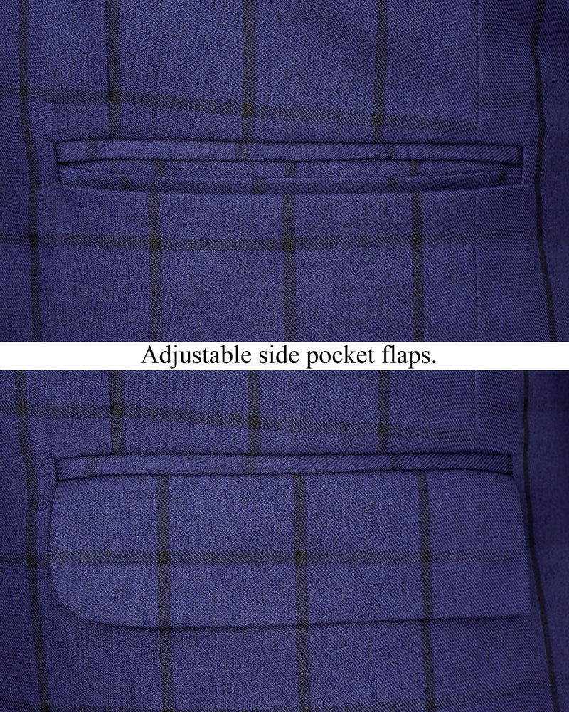 Zodiac Dark Blue Windowpane Cross Buttoned Bandhgala Blazer