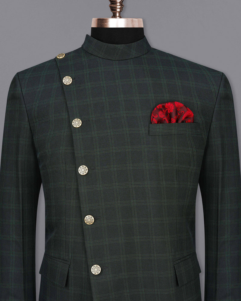 Zeus Green Plaid Cross Buttoned Bandhgala Blazer BL2039-CBG2-36, BL2039-CBG2-38, BL2039-CBG2-40, BL2039-CBG2-42, BL2039-CBG2-44, BL2039-CBG2-46, BL2039-CBG2-48, BL2039-CBG2-50, BL2039-CBG2-52, BL2039-CBG2-54, BL2039-CBG2-56, BL2039-CBG2-58, BL2039-CBG2-60