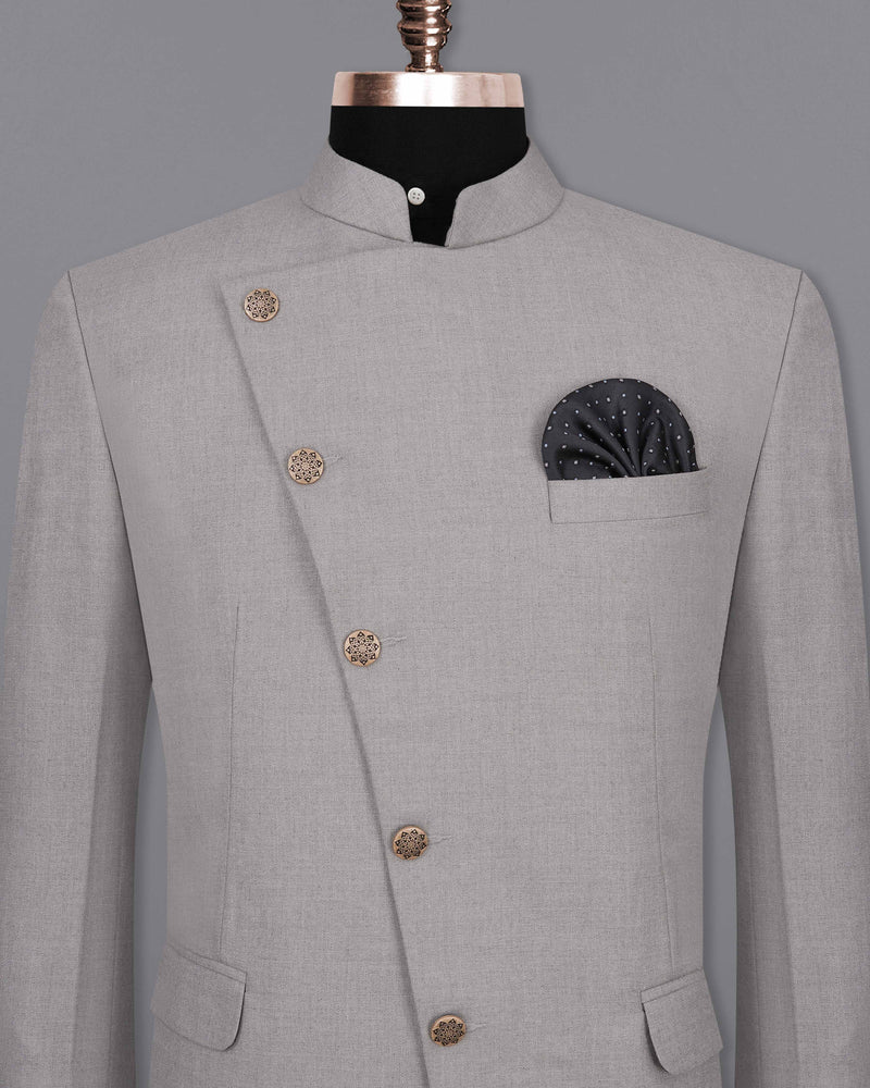 Spun Pearl Gray Cross Buttoned Bandhgala Blazer BL2043-CBG-36, BL2043-CBG-38, BL2043-CBG-40, BL2043-CBG-42, BL2043-CBG-44, BL2043-CBG-46, BL2043-CBG-48, BL2043-CBG-50, BL2043-CBG-52, BL2043-CBG-54, BL2043-CBG-56, BL2043-CBG-58, BL2043-CBG-60