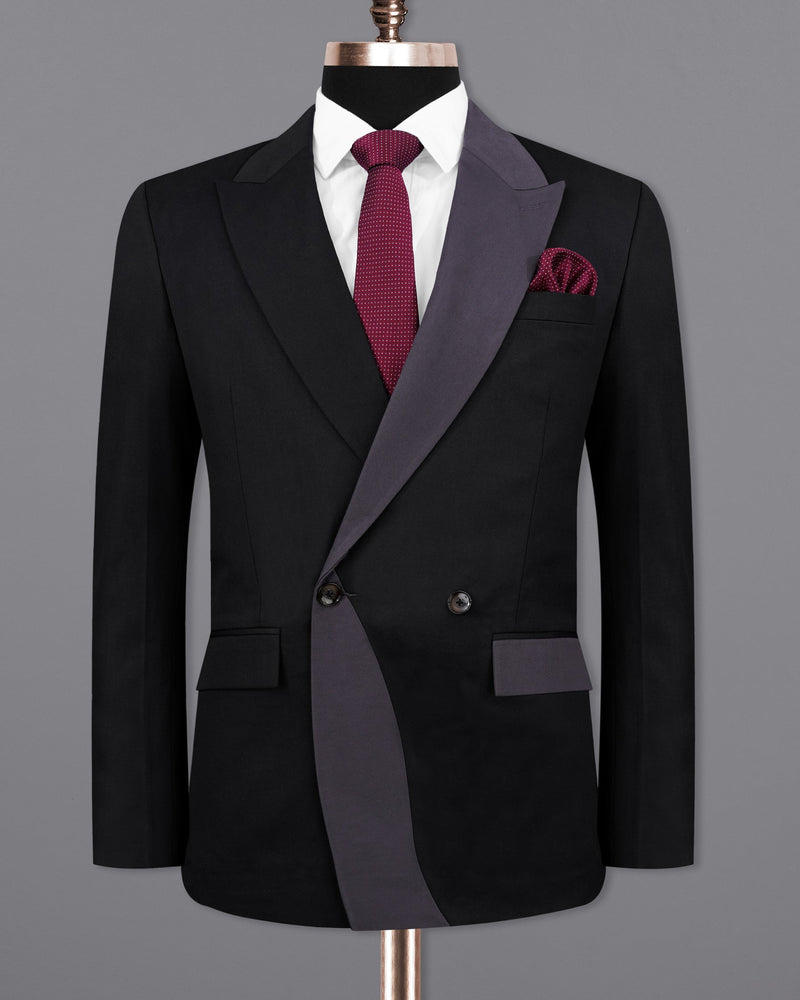 Jade Black with Dark Gray Stylish Lapel Designer Blazer BL2099-DB2-D228-36, BL2099-DB2-D228-38, BL2099-DB2-D228-40, BL2099-DB2-D228-42, BL2099-DB2-D228-44, BL2099-DB2-D228-46, BL2099-DB2-D228-48, BL2099-DB2-D228-50, BL2099-DB2-D228-52, BL2099-DB2-D228-54, BL2099-DB2-D228-56, BL2099-DB2-D228-58, BL2099-DB2-D228-60