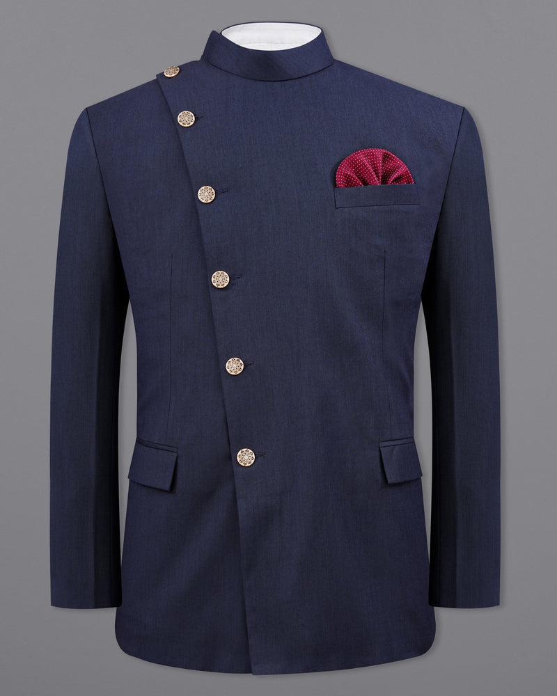 Gunmetal Navy Blue Cross Buttoned Bandhgala Blazer