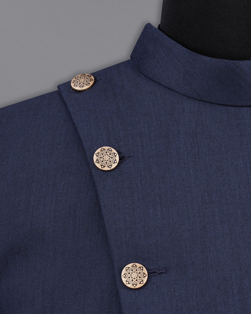 Gunmetal Navy Blue Cross Buttoned Bandhgala Blazer