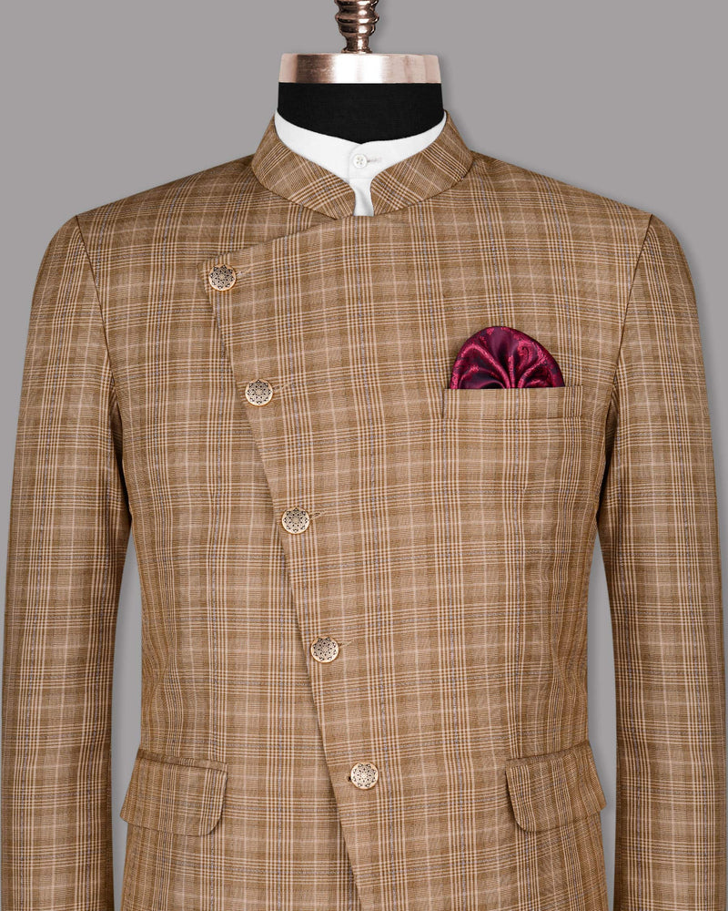 Camel Plaid Cross Buttoned Bandhgala/Mandarin Blazer BL388CBG-50, BL388CBG-52, BL388CBG-54, BL388CBG-60, BL388CBG-38, BL388CBG-40, BL388CBG-36, BL388CBG-42, BL388CBG-46, BL388CBG-48, BL388CBG-56, BL388CBG-44, BL388CBG-58