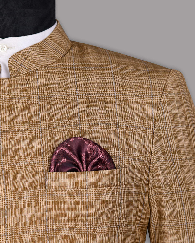 Camel Plaid Cross Buttoned Bandhgala/Mandarin Blazer