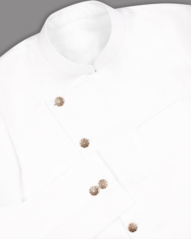 Bright White Cross Buttoned Bandhgala/Mandarin Cotton Blazer