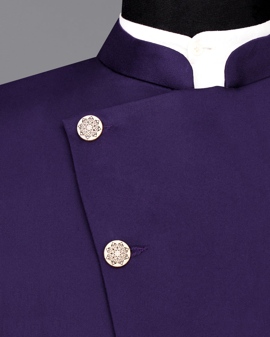 Space Blue Cross Buttoned Bandhgala/Mandarin Wool blend Blazer