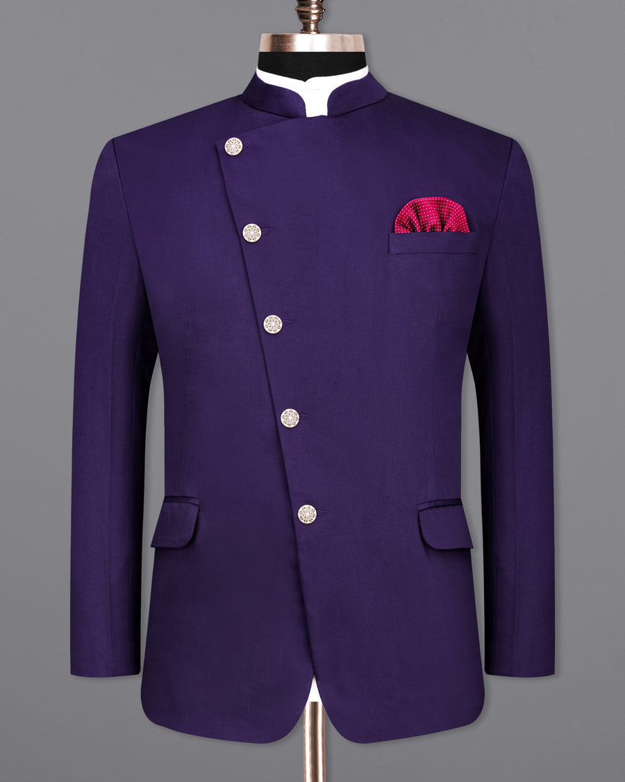 Space Blue Cross Buttoned Bandhgala/Mandarin Wool blend Blazer
