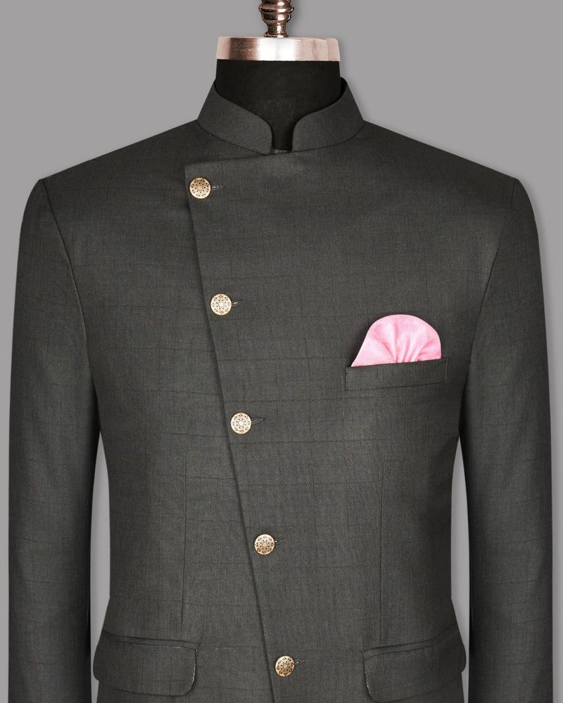 Lead Grey tonal windowpane Cross Buttoned Bandhgala/Mandarin Wool blend Blazer BL772CBG-36, BL772CBG-38, BL772CBG-54, BL772CBG-40, BL772CBG-44, BL772CBG-46, BL772CBG-48, BL772CBG-50, BL772CBG-52, BL772CBG-60, BL772CBG-56, BL772CBG-58, BL772CBG-42