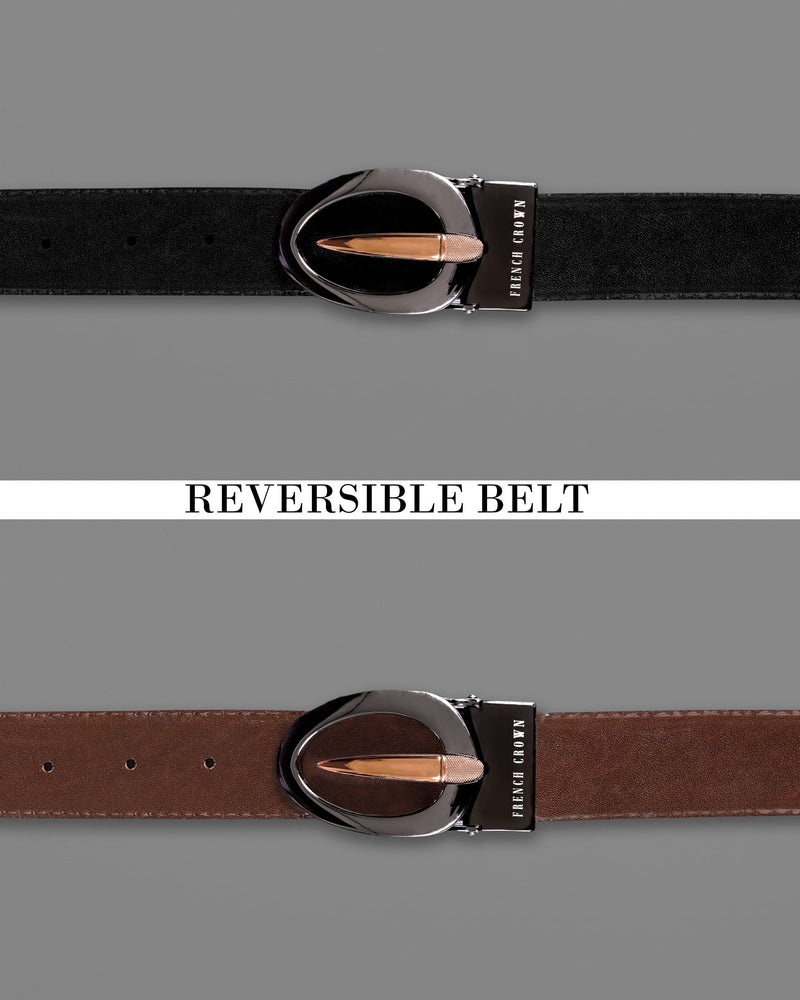 Glossy Grey and Golden Oval buckled Reversible jade Black and tan Slight Textured Vegan Leather Handcrafted Belt BT026-28, BT026-30, BT026-32, BT026-34, BT026-36, BT026-38