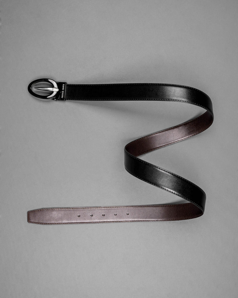 Glossy Black and Silver Oval  buckled Reversible jade Black and Brown Slight Textured Vegan Leather Handcrafted Belt BT027-28, BT027-30, BT027-32, BT027-34, BT027-36, BT027-38 