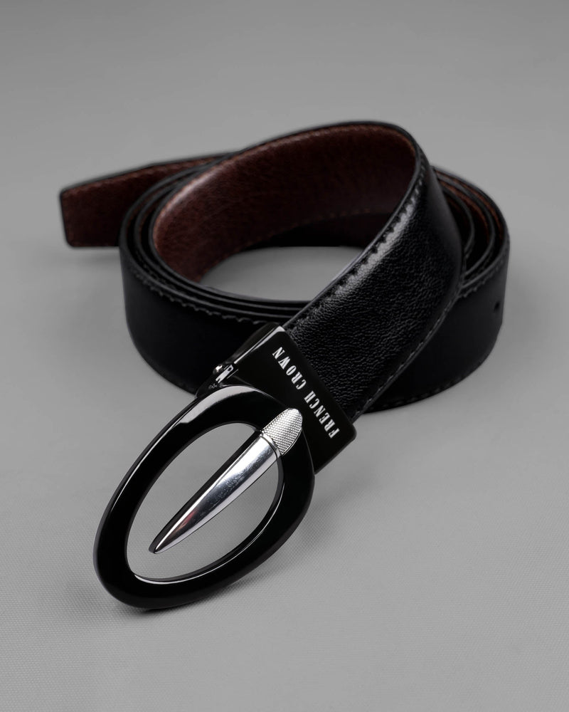 Glossy Black and Silver Oval  buckled Reversible jade Black and Brown Slight Textured Vegan Leather Handcrafted Belt BT027-28, BT027-30, BT027-32, BT027-34, BT027-36, BT027-38 