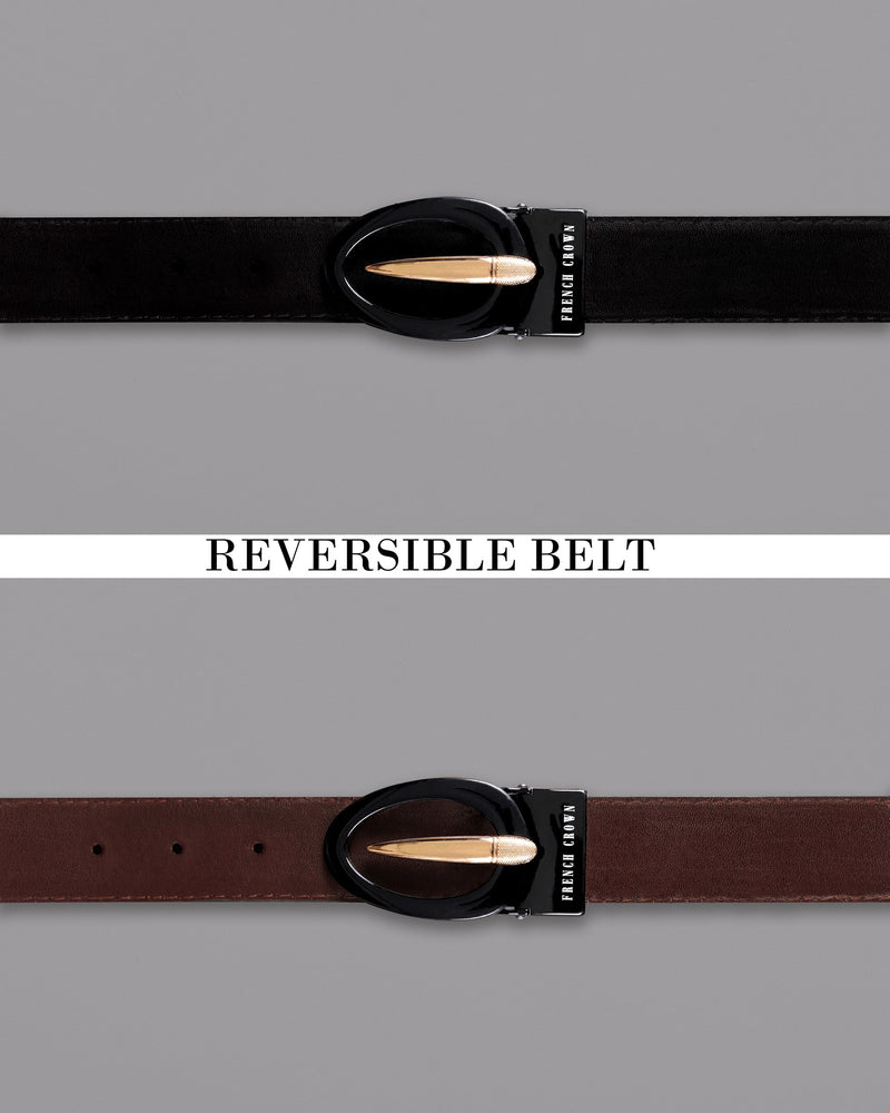 Glossy Black and Golden Oval  buckled Reversible jade Black and Brown Vegan Leather Handcrafted Belt BT029-28, BT029-30, BT029-32, BT029-34, BT029-36, BT029-38