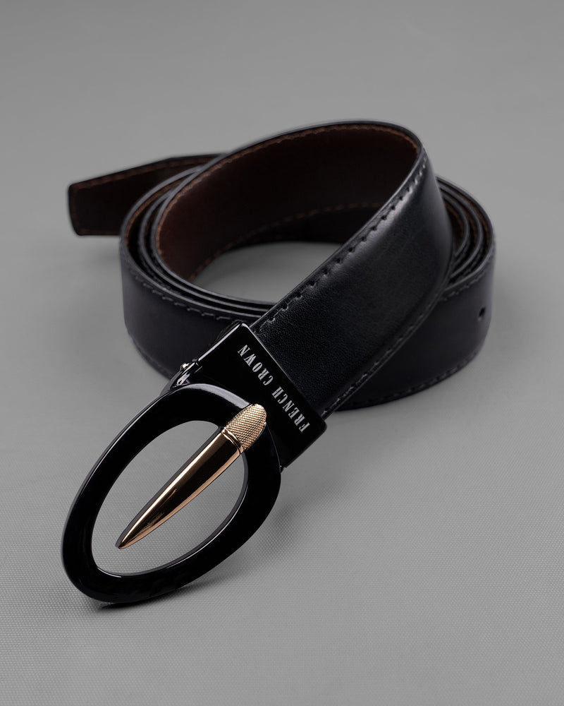 Glossy Black and Golden Oval  buckled Reversible jade Black and Brown Vegan Leather Handcrafted Belt BT029-28, BT029-30, BT029-32, BT029-34, BT029-36, BT029-38