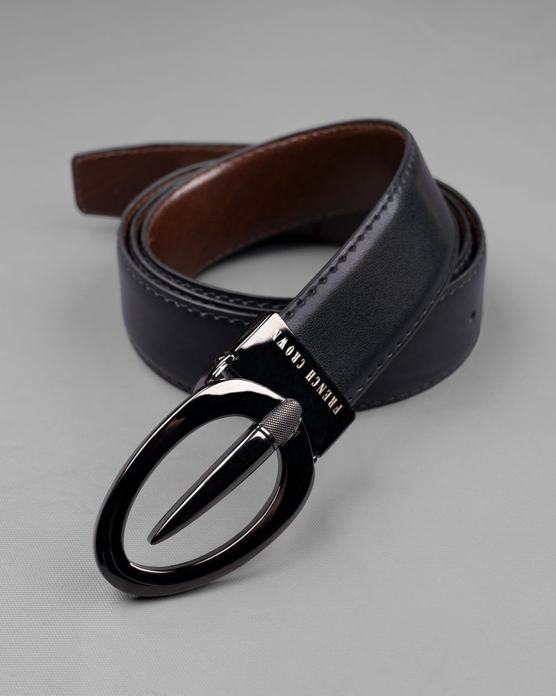 Glossy grey Oval  buckled Reversible jade Black and tan Vegan Leather Handcrafted Belt BT030-28, BT030-30, BT030-32, BT030-34, BT030-36, BT030-38