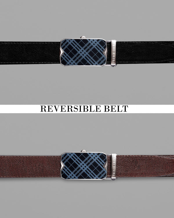 Matt Grey Checkered buckle No hole Reversible jade Black and Brown Vegan Leather Handcrafted Belt BT033-28, BT033-30, BT033-32, BT033-34, BT033-36, BT033-38