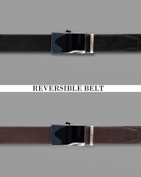 Glossy Black wave Patterned buckle No hole Reversible jade Black and Brown Vegan Leather Handcrafted Belt BT035-28, BT035-30, BT035-32, BT035-34, BT035-36, BT035-38