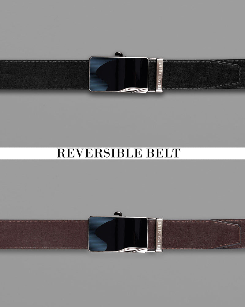 Glossy Black wave Patterned buckle No hole Reversible jade Black and Brown Vegan Leather Handcrafted Belt BT035-28, BT035-30, BT035-32, BT035-34, BT035-36, BT035-38