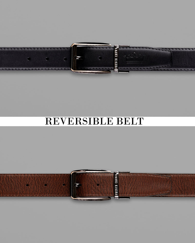 Glossy Grey with golden Patterned buckle Reversible Black and Brown Vegan Leather Handcrafted Belt BT042-28, BT042-30, BT042-32, BT042-34, BT042-36, BT042-38