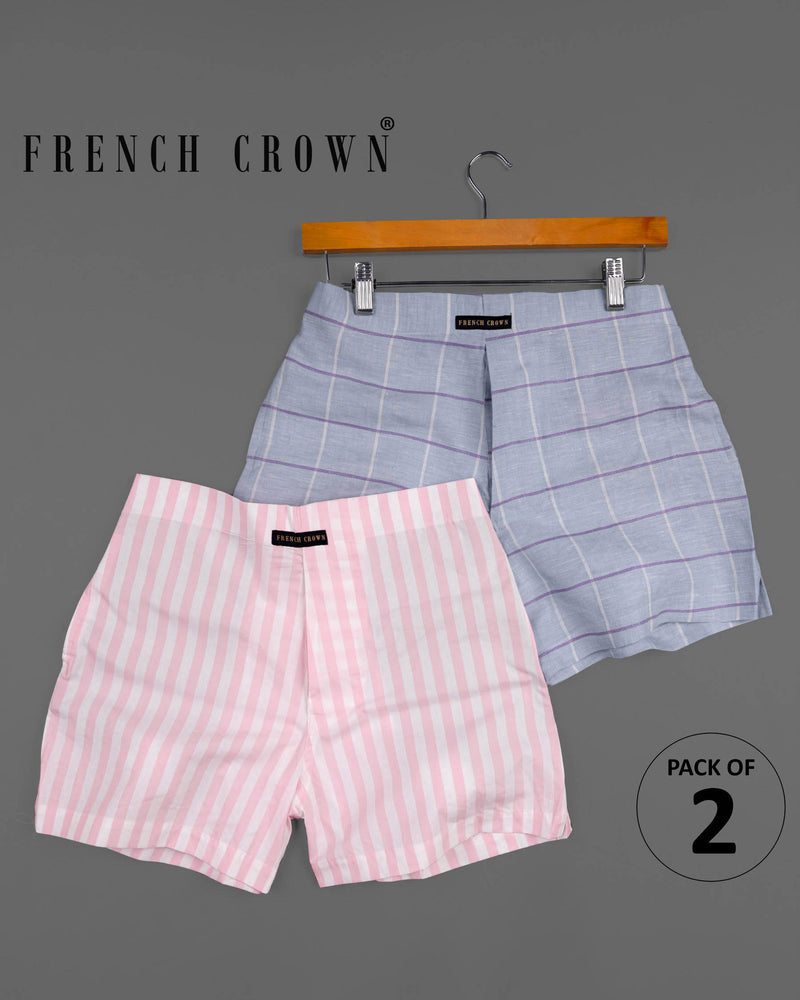 Blossom Pink Striped Premium Cotton and Downriver Gray Plaid Linen Boxers BX394-28, BX394-30, BX394-32, BX394-34, BX394-36, BX394-38, BX394-40, BX394-42, BX394-44