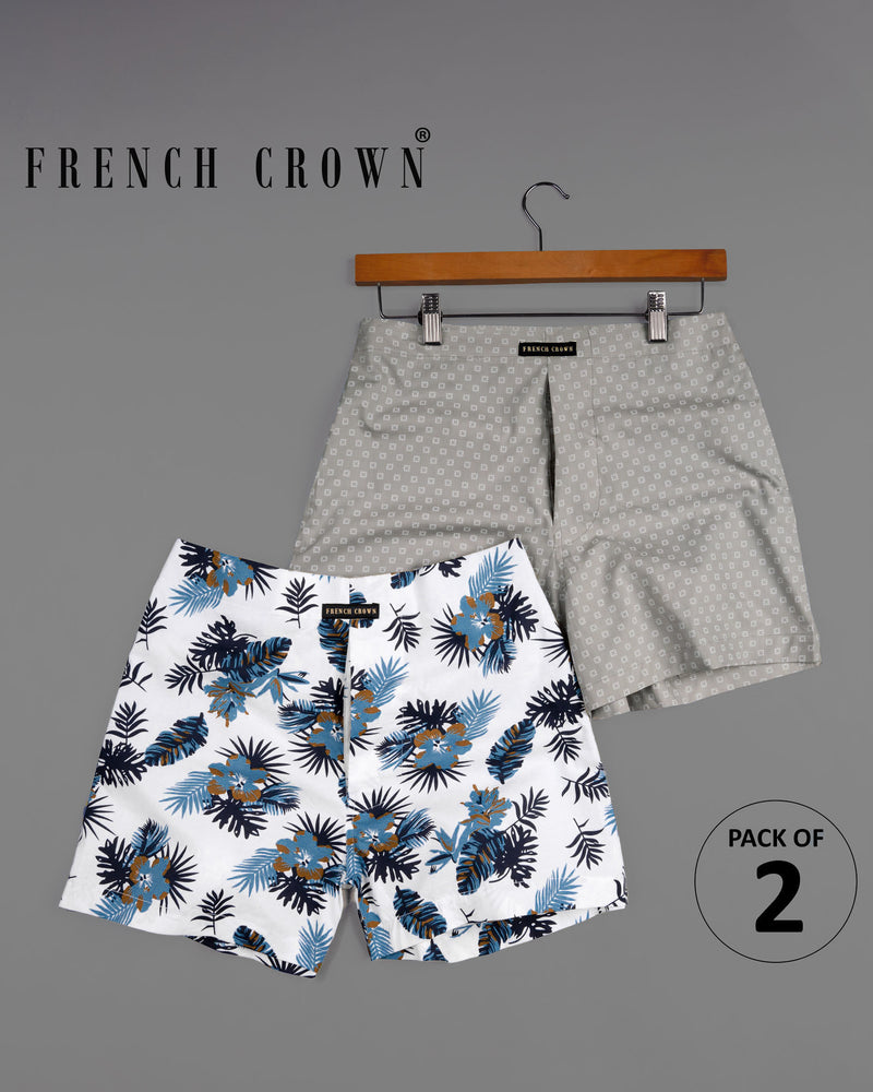 Bright White and Baltic Sea Tropical Printed Twill with Martini Gray Printed Oxford Boxers BX420-28, BX420-30, BX420-32, BX420-34, BX420-36, BX420-38, BX420-40, BX420-42, BX420-44